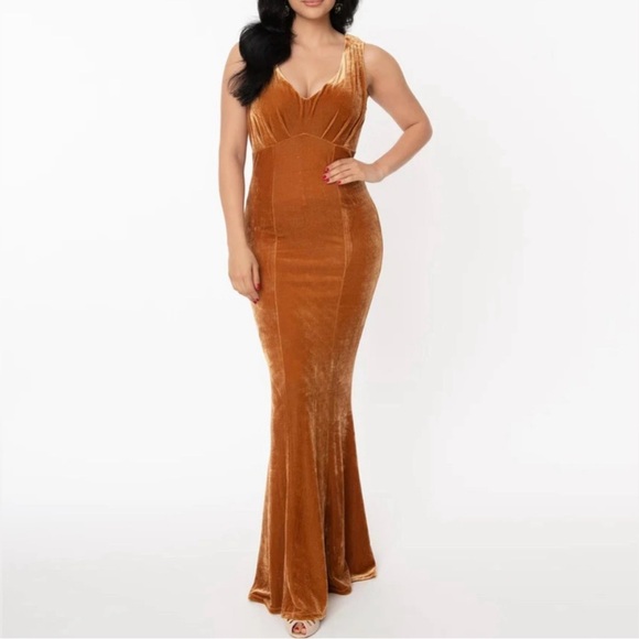 Unique Vintage Dresses & Skirts - Unique Vintage Gold Velvet Maxi Gown with Cowl draping on back
